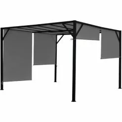 HHG Pergola Beja, Garten Pavillon Terrassenüberdachung, Stabiles 6cm-Stahl-Gestell + Schiebedach Grau ~ 3x3m