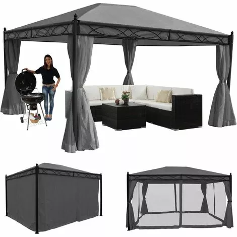 HHG Pergola Calpe, Garten Pavillon, Stabiles 7cm-Gestell Mit Seitenwand + Moskitonetz ~ Grau 4x3m 2 HHG Pergola Calpe, Garten Pavillon, Stabiles 7cm-Gestell Mit Seitenwand + Moskitonetz ~ Grau 4x3m – Bild 2