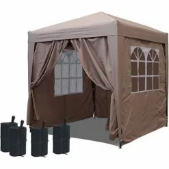 Quick-Star Pop-Up-Pavillon 2,5 X 2,5 M Beige Mit Fußbeschwerer Und Mit 4 Easy-Klett Seitenwänden Mit 2 Reißverschlüssen.