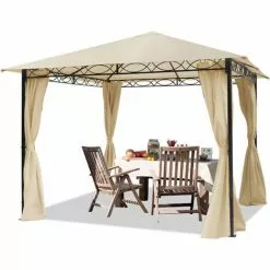 PROFIZELT24 Gartenpavillon 3x3 M Wasserdicht Pavillon Mit 4 Seitenteilen Gartenzelt Ca. 180g/m² Dachplane In Creme Partyzelt