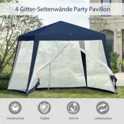 Outsunny Gartenpavillon Pavillon Festzelt Partyzelt Wetterfest Zelt Mit Moskitonetz Metall + Polyester Blau 3 X 3 M -Günstiges Partyzelte, Pergolas & Pavillons Geschäft 29711474 4
