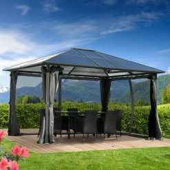 BRAST Alu-Pavillon Premium 3x4m Grau Festes Dach Wasserdicht + Moskitonetz