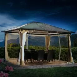 BRAST Alu-Pavillon Premium 3x4m Beige Festes Dach Wasserdicht + Moskitonetz + LEDs