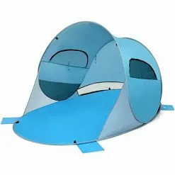 COSTWAY Pop Up Strandmuschel 3-4 Personen Strandzelt Sonnenschutz Wurfzelt Mit Tragetasche & 2 Netz-Fenstern & 4 Sandtaschen Automatisch Für Strand, Garten, Camping Blau
