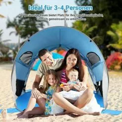 COSTWAY Pop Up Strandmuschel 3-4 Personen Strandzelt Sonnenschutz Wurfzelt Mit Tragetasche & 2 Netz-Fenstern & 4 Sandtaschen Automatisch Für Strand, Garten, Camping Blau -Günstiges Partyzelte, Pergolas & Pavillons Geschäft 32713126 4