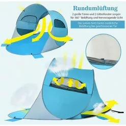 COSTWAY Pop Up Strandmuschel 3-4 Personen Strandzelt Sonnenschutz Wurfzelt Mit Tragetasche & 2 Netz-Fenstern & 4 Sandtaschen Automatisch Für Strand, Garten, Camping Blau -Günstiges Partyzelte, Pergolas & Pavillons Geschäft 32713126 5