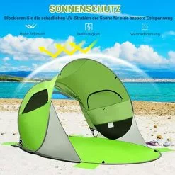 COSTWAY Pop Up Strandmuschel 3-4 Personen Strandzelt Sonnenschutz Wurfzelt Mit Tragetasche & 2 Netz-Fenstern & 4 Sandtaschen Automatisch Für Strand, Garten, Camping Grün -Günstiges Partyzelte, Pergolas & Pavillons Geschäft 32713128 4