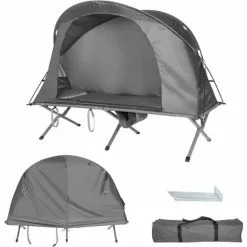 COSTWAY 4 In 1 Campingzelt Set Für 1 Personen, Erhoehtes Campingbett Und Zelt, Faltbares Kuppelzelt, Feldbett Mit Aufblasbare Matratze & Tragetasche & Wasserdichter Abdeckung Grau